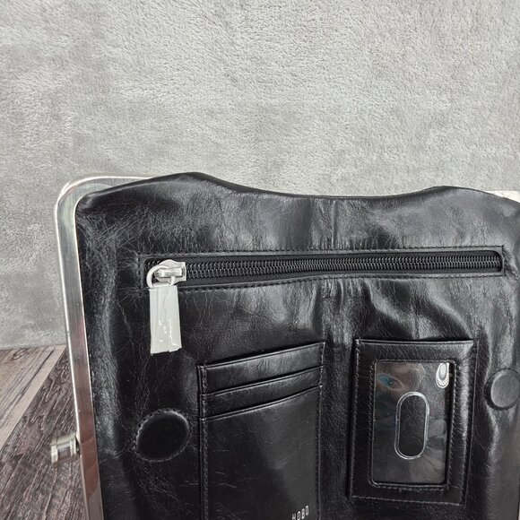 HOBO Lauren Wallet Clutch Embossed Black Leather Floral Lined Kiss Lock Fold New - Picture 10 of 14